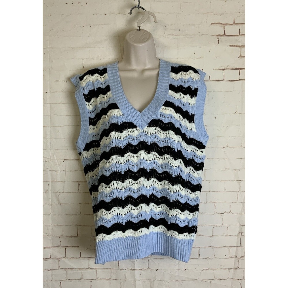 Womens Blue White Striped V Neck Sleeveless‎ Knit Sweater Size L